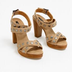 Theory Tan Studded Ankle Wrap Heels